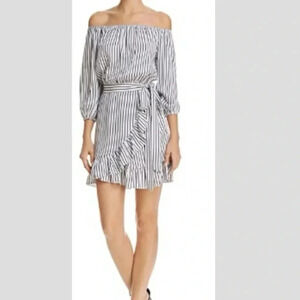 Aqua Women’s Blue/White Striped Off-the-Shoulder Wrapped Dress size Small